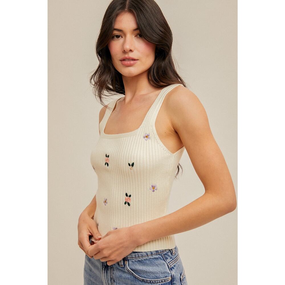 Floral Embroidered Ribbed Tank Top - Picture 2 of 3